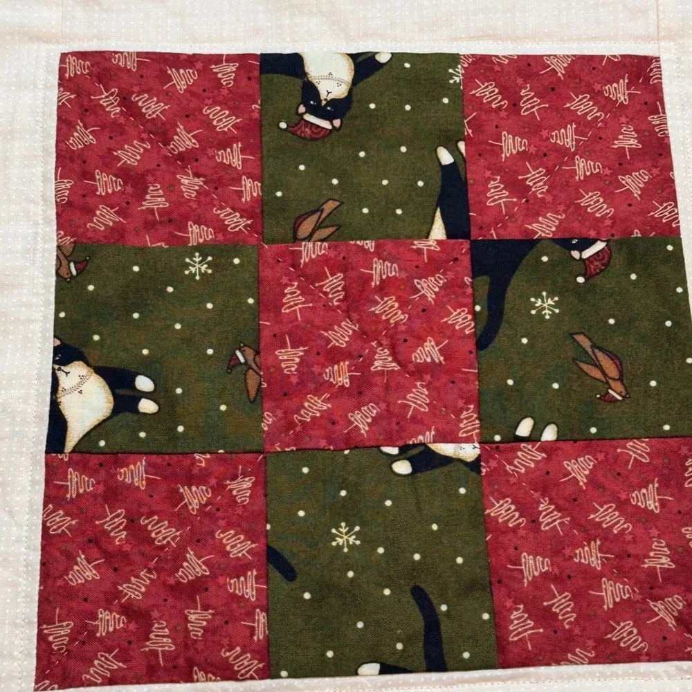 Handmade Quilted Christmas Table Runner Tuxedo Cat Holiday Decor Red Green 50x15